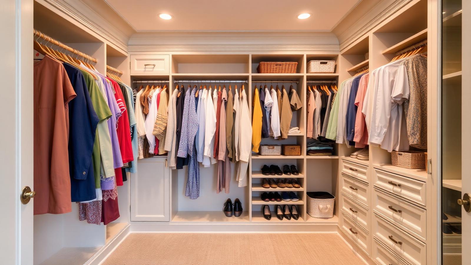 Organized walk-in closet with custom millwork, clothes hung by color, shelving for folded items, and drawers