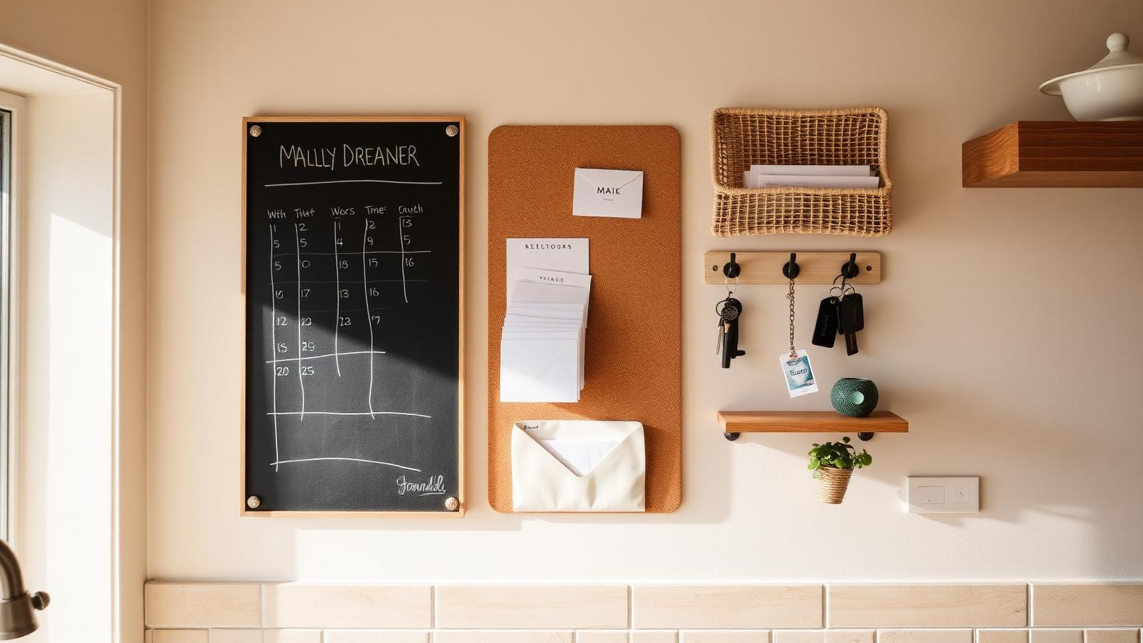 Family command center wall with chalkboard calendar, cork board, mail organizer, and key hooks