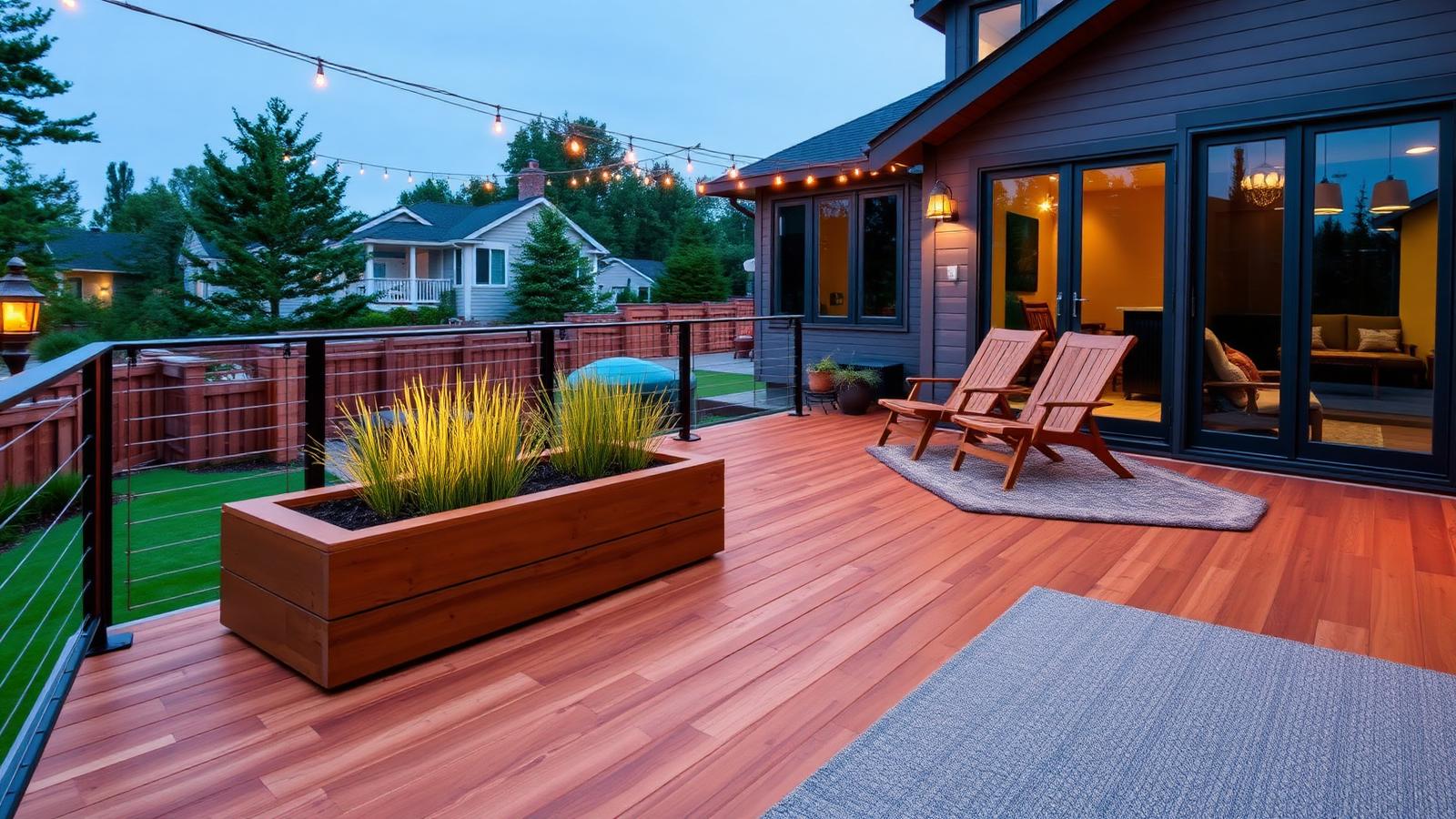 Modern cedar deck with cable railing, built-in planter, teak lounge chairs, and evening string lights