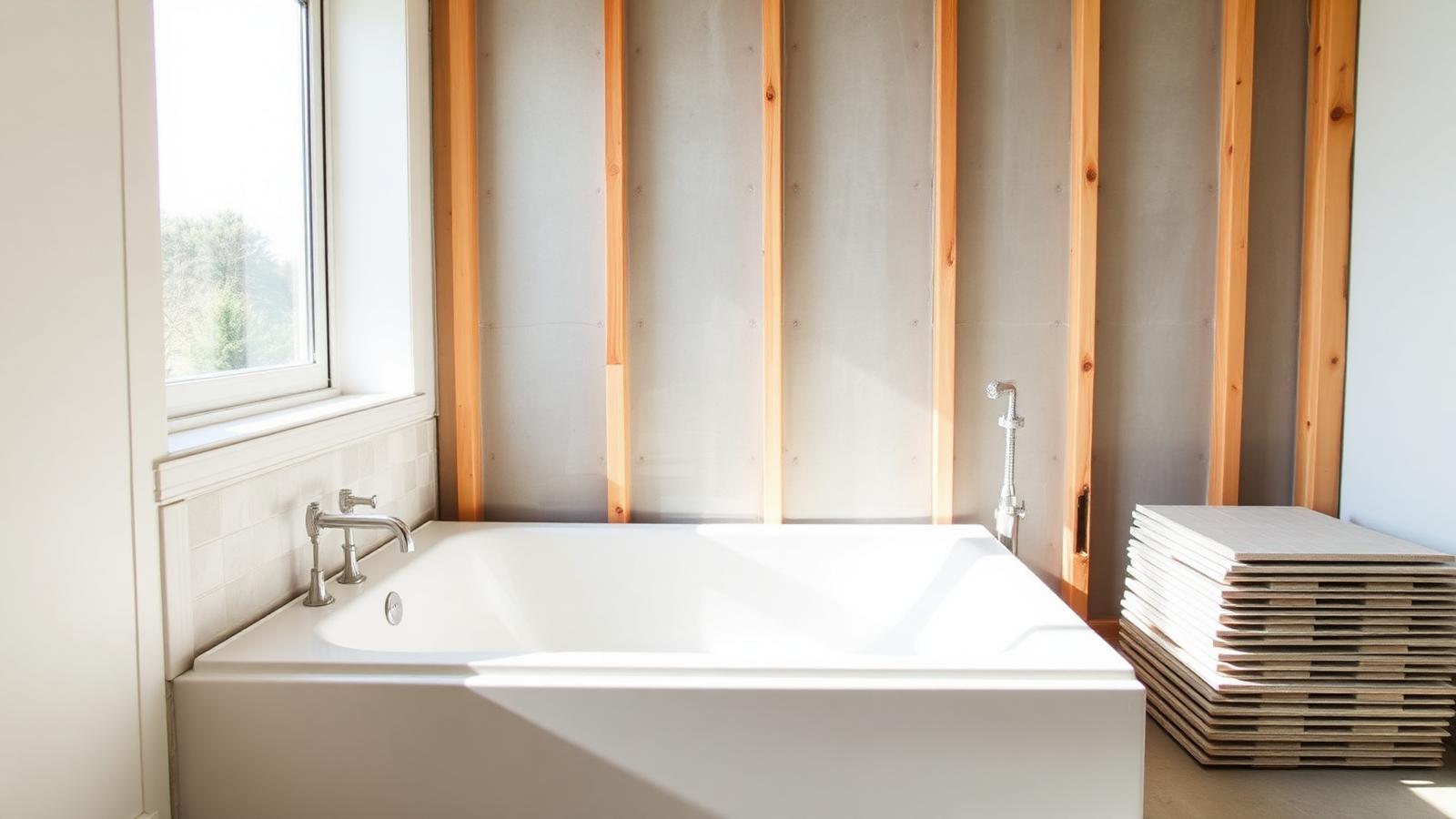 New white acrylic jetted tub set in place against wall studs and backerboard during a bathroom remodel, with tile stacked nearby