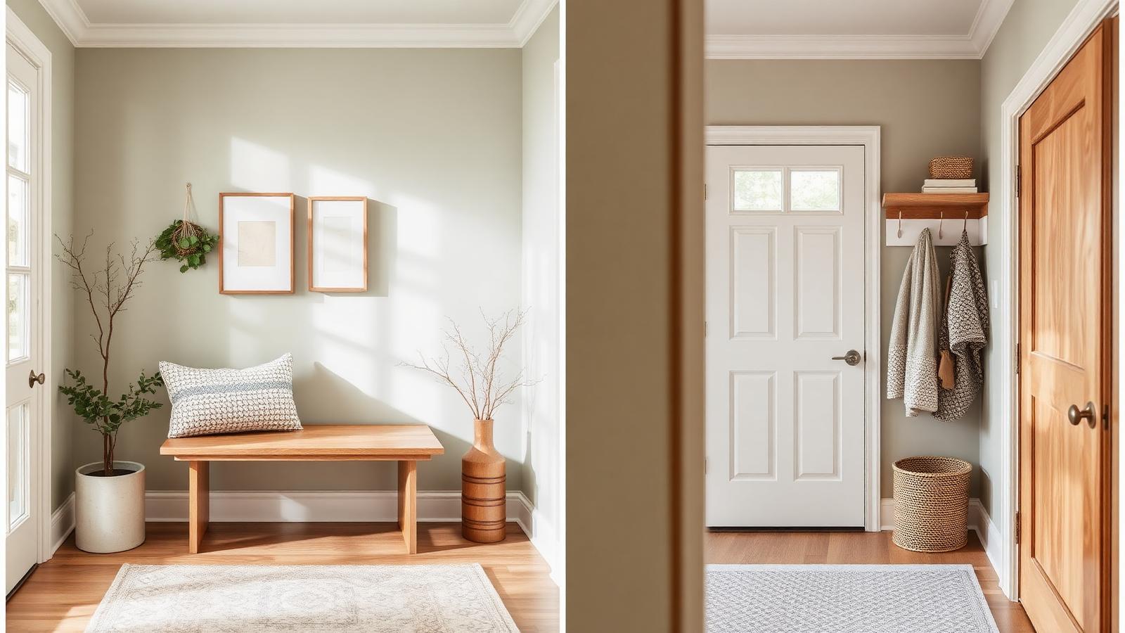 Two side-by-side small home rooms — an entryway with bench and frames, and a mudroom with hooks and door