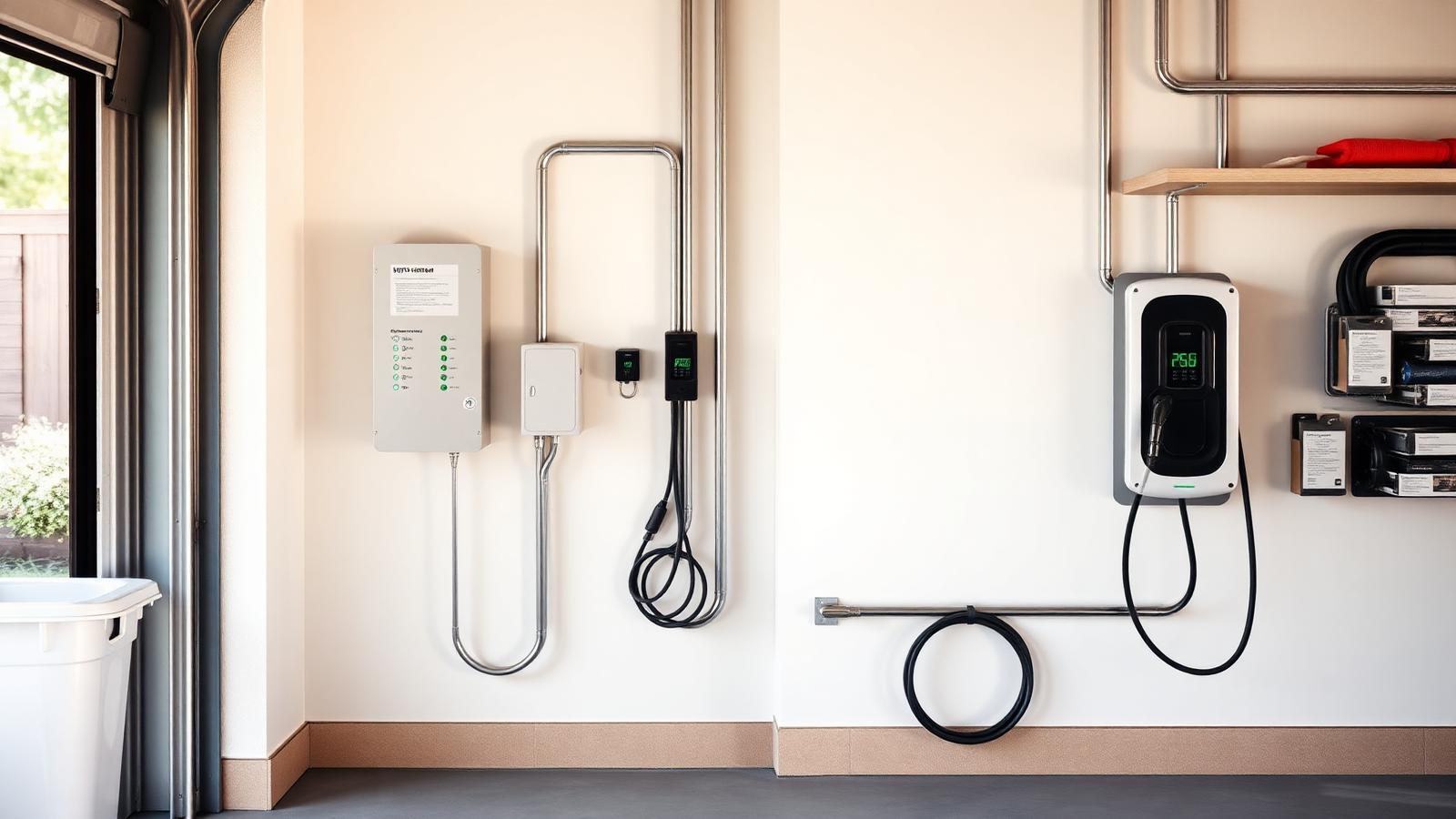 Clean residential utility area with modern electrical panel and EV charger on the wall