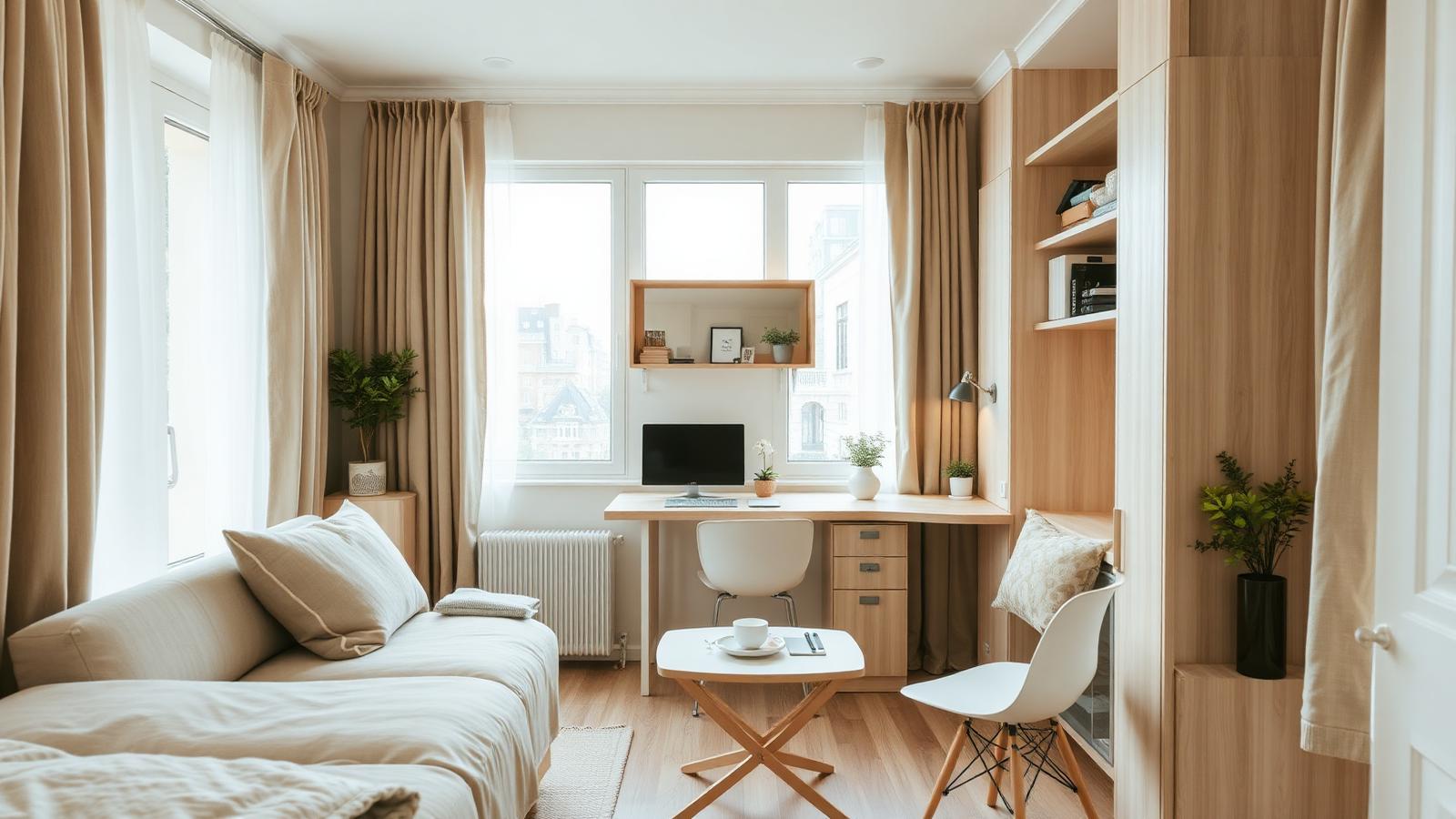 Bright small studio apartment with multi-functional furniture, fold-down desk, and floor-to-ceiling shelving