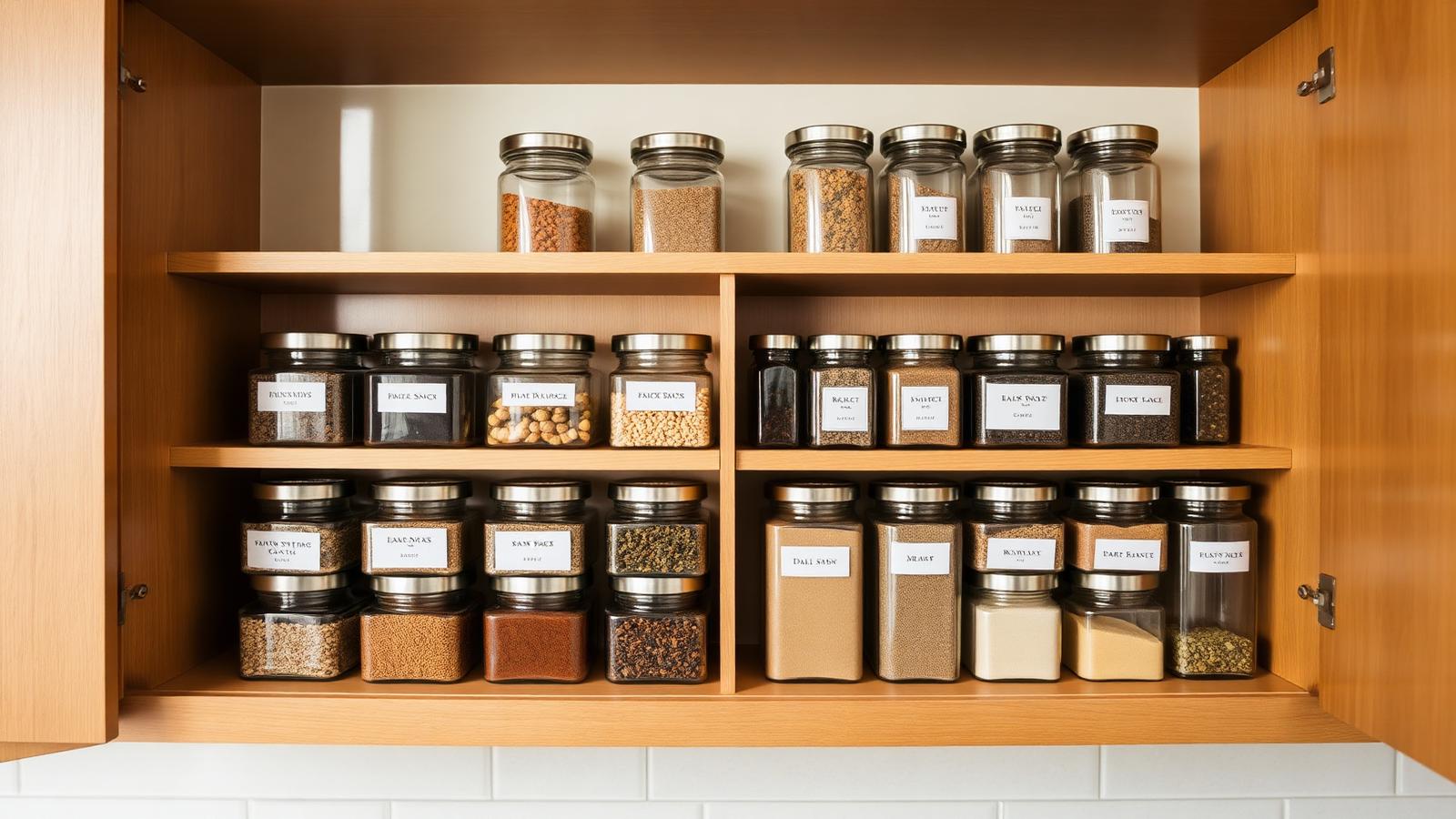 Organized spice cabinet with matching glass jars on tiered shelves