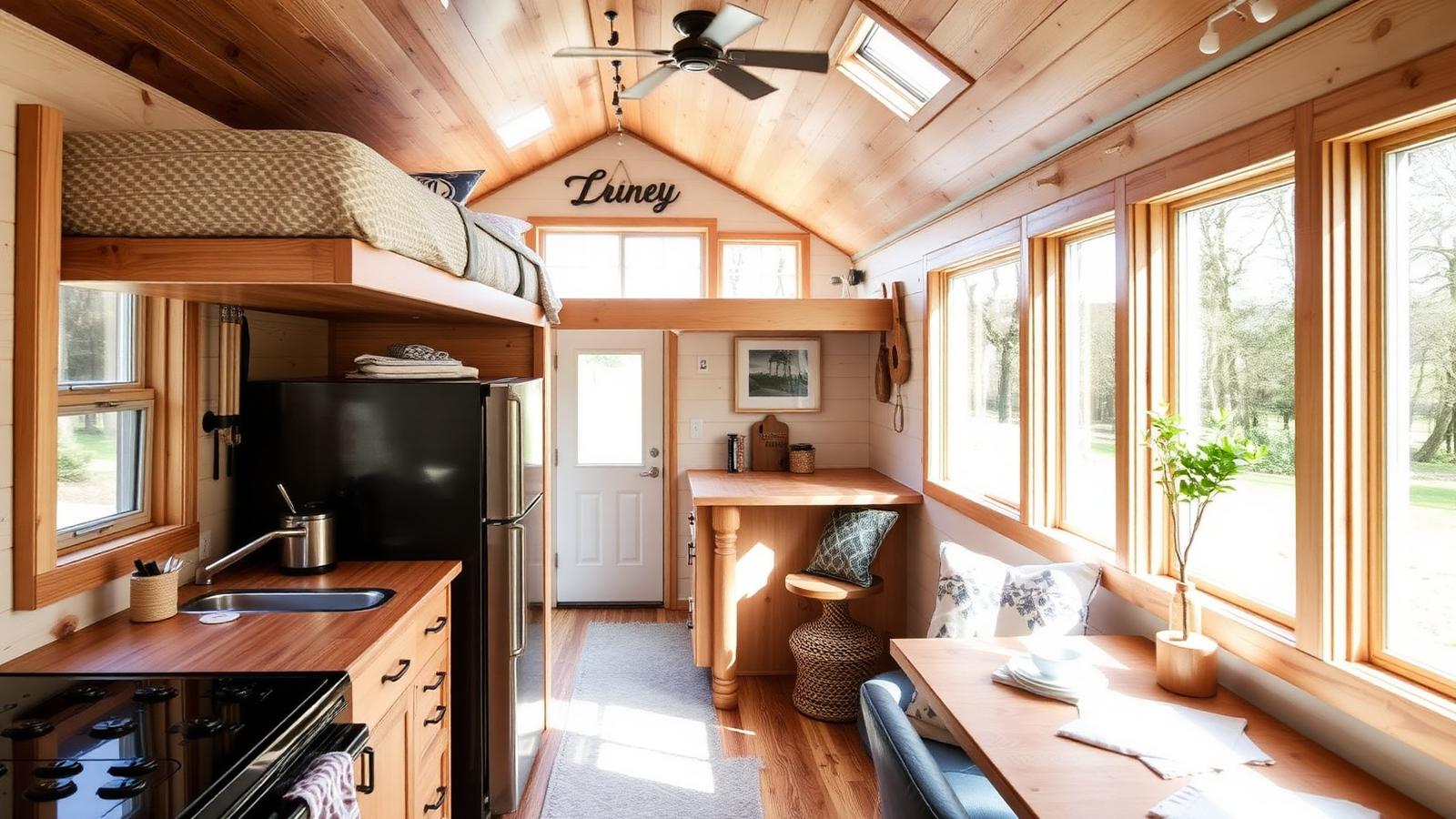 Bright tiny house interior under 400 sq ft with sleeping loft, compact kitchen, banquette seating and large windows