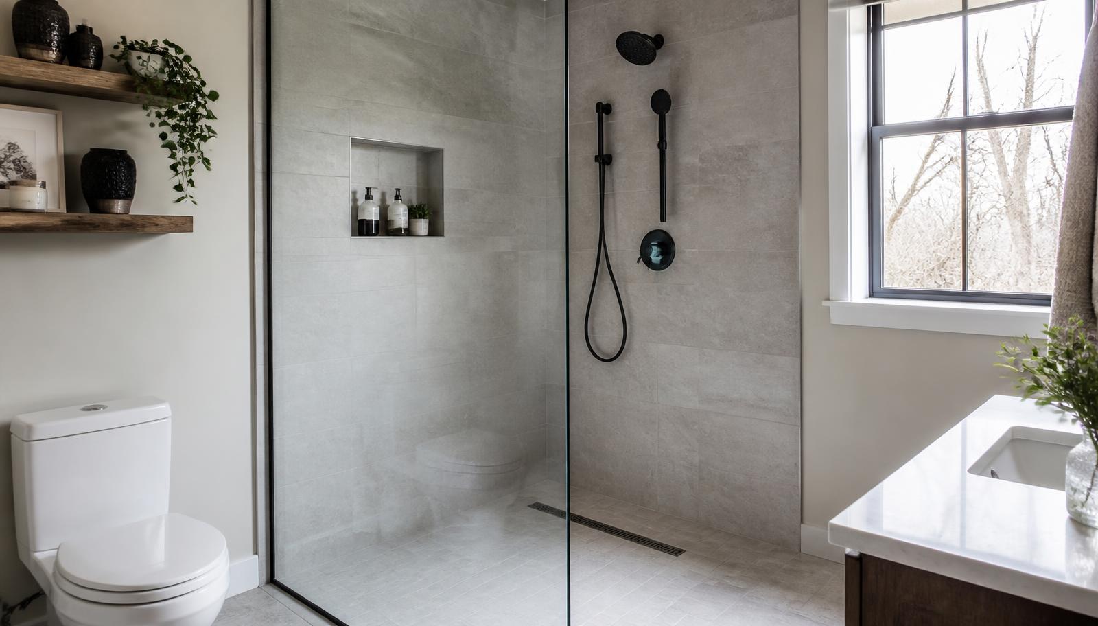 Finished curbless walk-in shower with gray porcelain tile, frameless glass panel, and matte black fixtures replacing an old bathtub