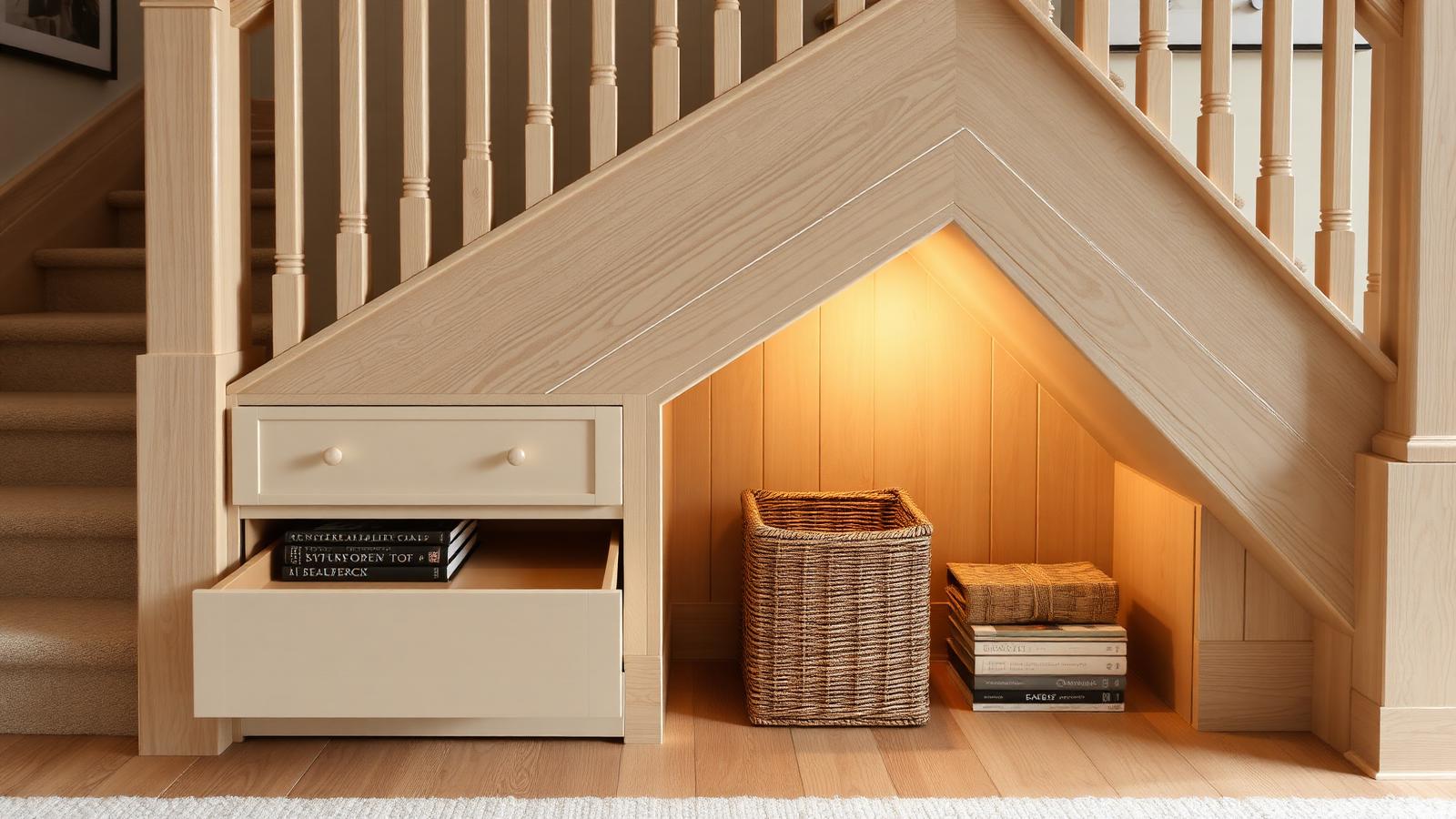 Custom under-stairs storage with pull-out drawers, a cozy reading nook, and warm wood paneling